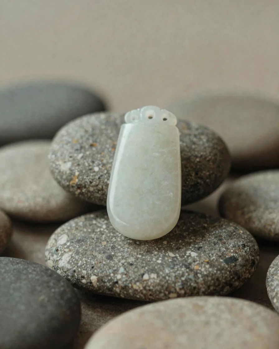 Polished jade pendant resting on a smooth river stone, soft diffu