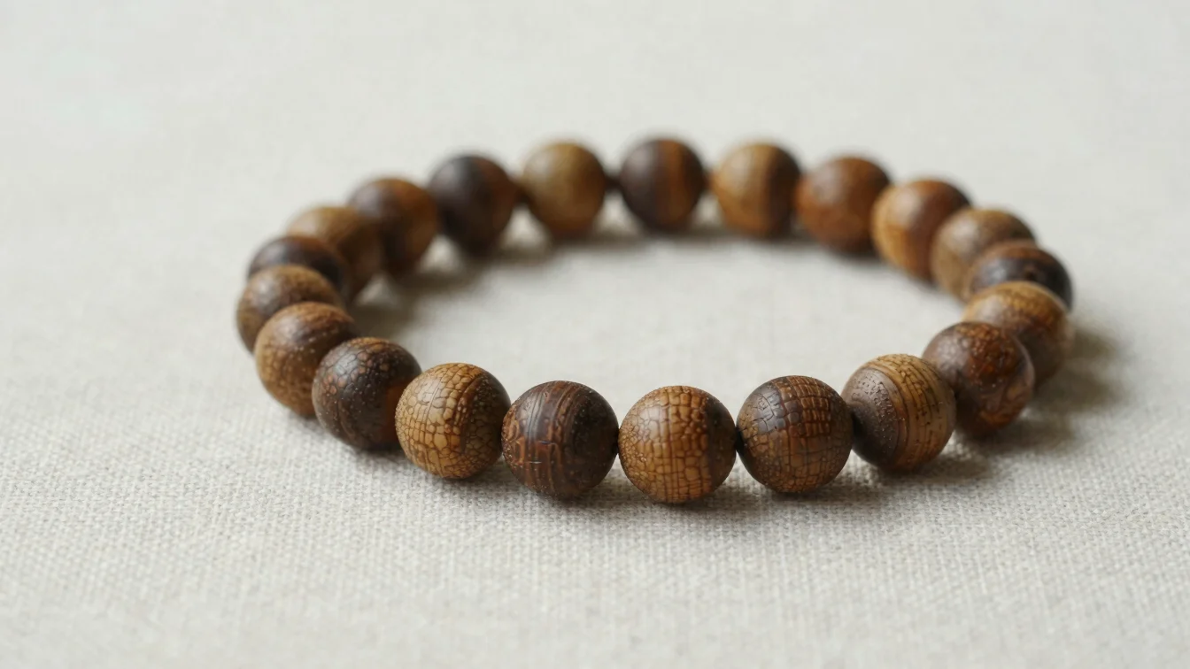 Close-up of sandalwood prayer beads bracelet on a natural linen s