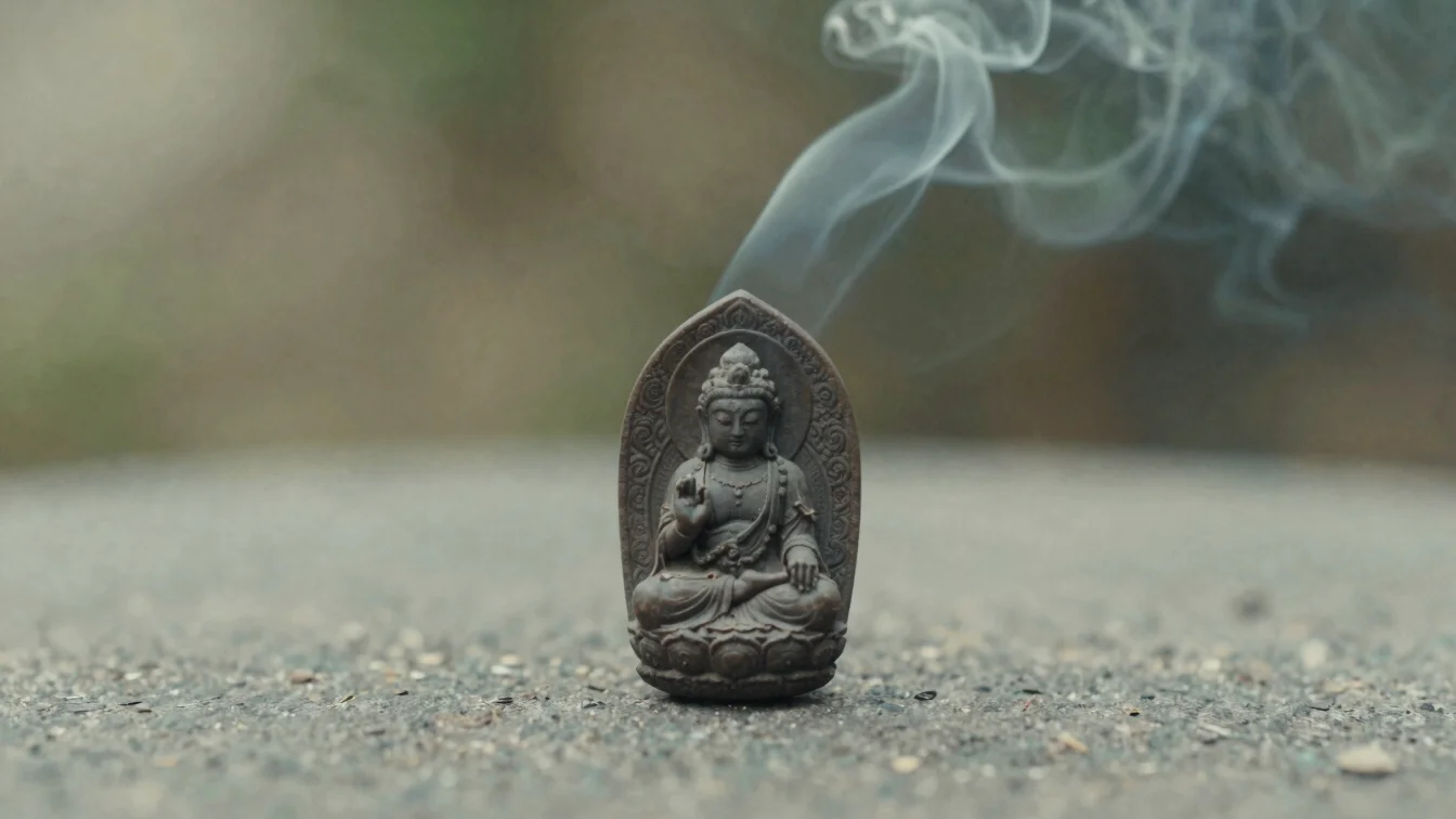 Intricately carved small Buddhist amulet on a dark stone, soft in