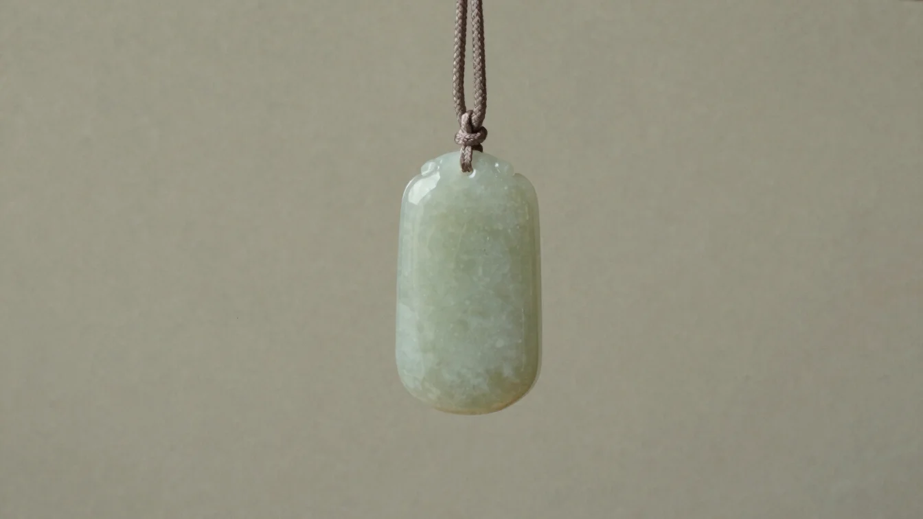 Smooth, polished jade pendant hanging from a simple cord, against