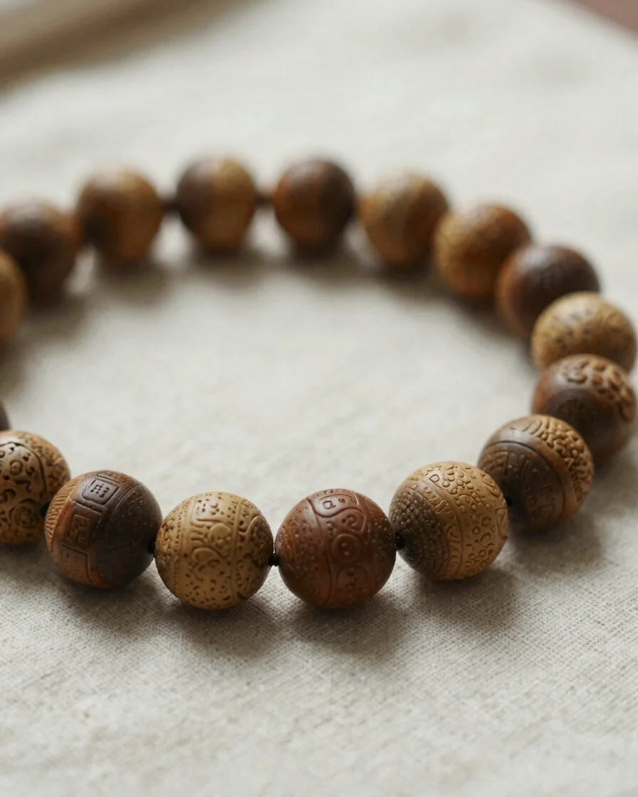Close-up of hand-carved sandalwood beads on a warm linen cloth, soft diffused morning light, macro depth of field, gentl