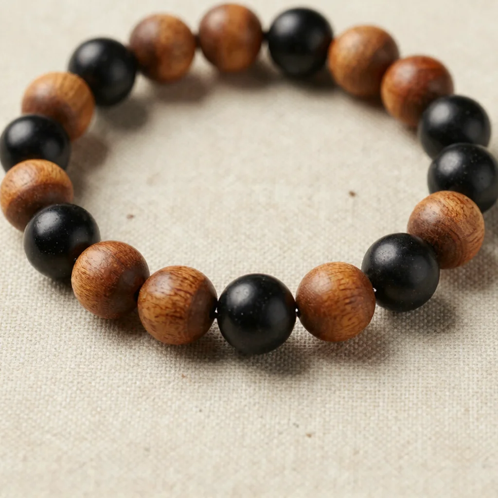 Cinnamon Wood and Onyx Bracelet